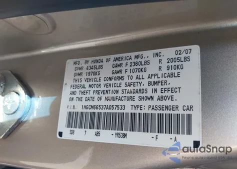 2007 Honda Accord 3.0 Ex from USA, damaged, VIN 1HGCM66537A057533